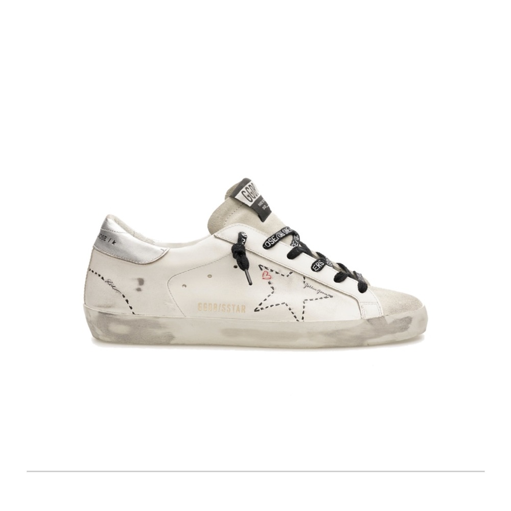 Golden Goose Superstar White Sneakers with Black Laces and Gray Accents